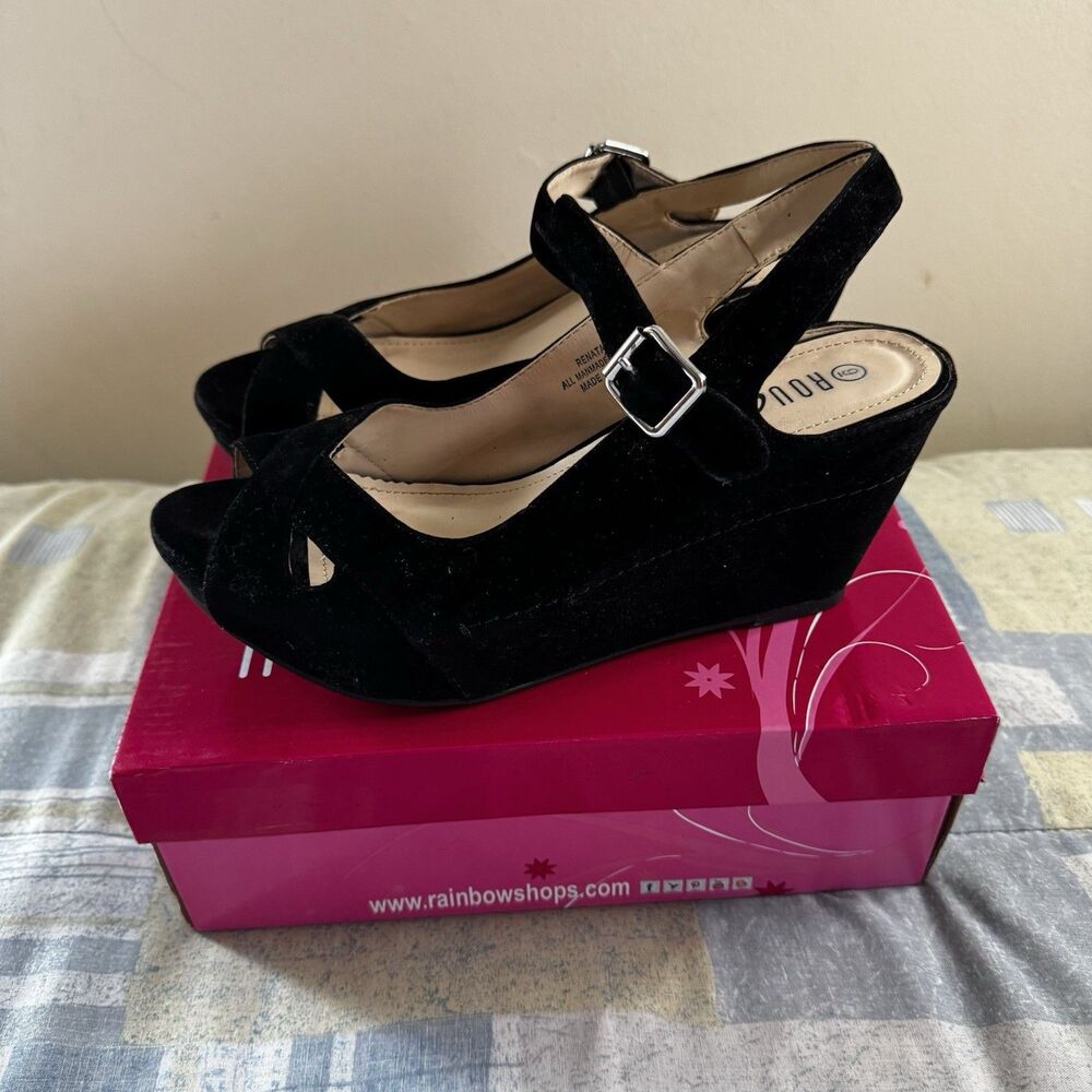 Rouge Helium Ankle Strap Black Suede Leather Wedge Women's Sz 9